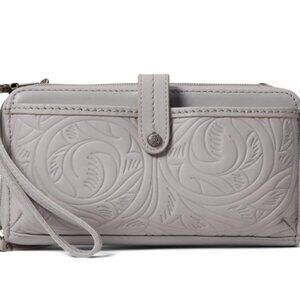 The Sak Iris Large Crossbody Smart Phone Wallet Gray Leather Foliage Design